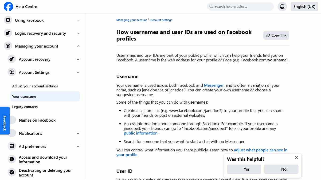 How usernames and user IDs are used on Facebook profiles | Facebook Help Centre