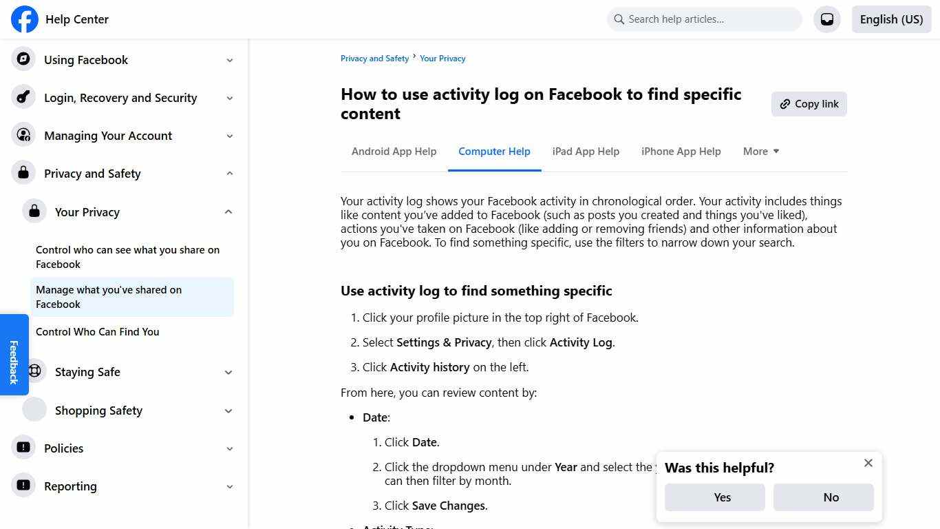 How to use activity log on Facebook to find specific content | Facebook Help Center